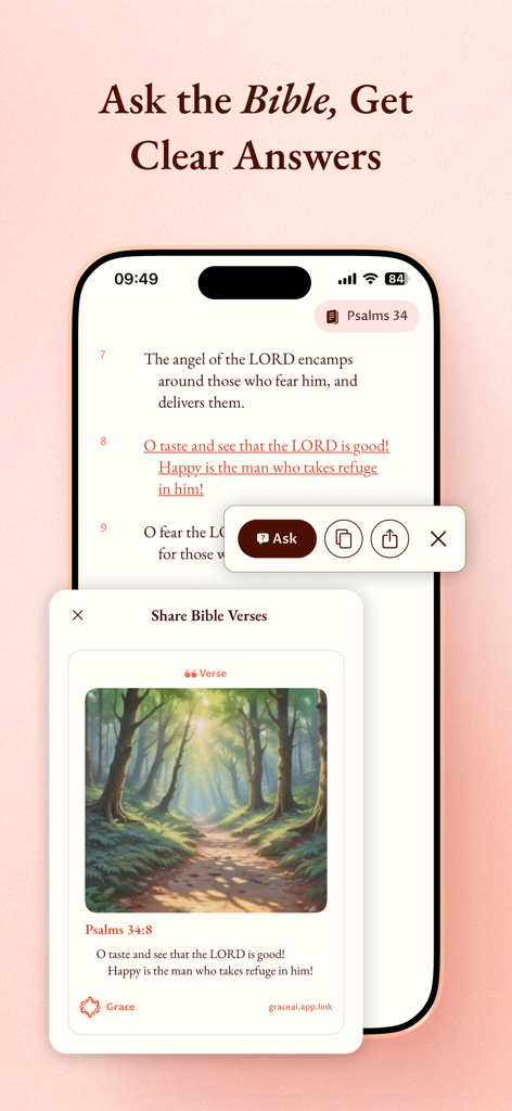 Grace Catholic app interface showing Bible verse sharing and scripture study features
