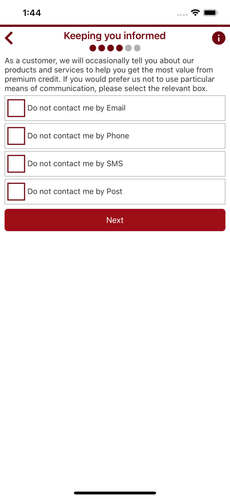 Premium Credit - eJourney - Communication preferences screen in the Premium Credit eJourney app with checkboxes to opt out of email phone SMS and post contact methods