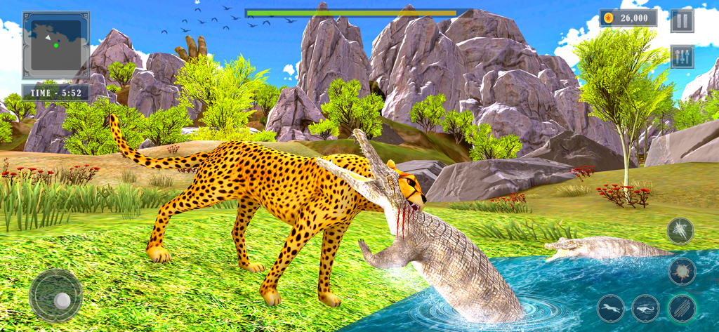 Wild Cheetah Simulator 3D - Ein Gepard greift ein Krokodil in einem 3D-Savannen-Simulationsspiel an.