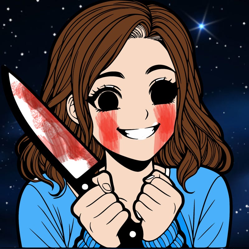 a realistic girl holding a knife and grinning