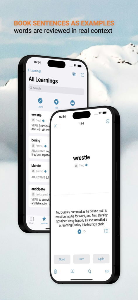 TingYue App-Oberfläche, die Vokabelüberprüfung mit Karteikarten und Buchsatzbeispielen zeigt