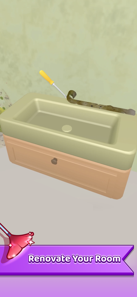 Uma captura de tela de jogabilidade de My Tidy Life mostrando uma ferramenta limpando sujeira ao redor de uma pia de banheiro com um banner Renovate Your Room.