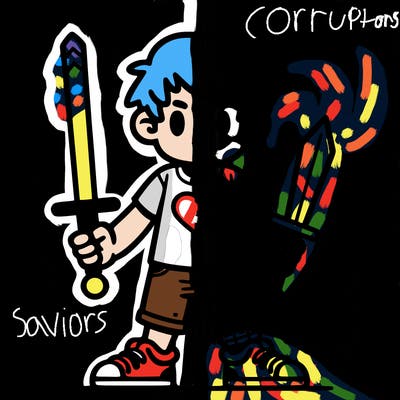 a boy with a sword and a 🚫 sign on his t shirt split