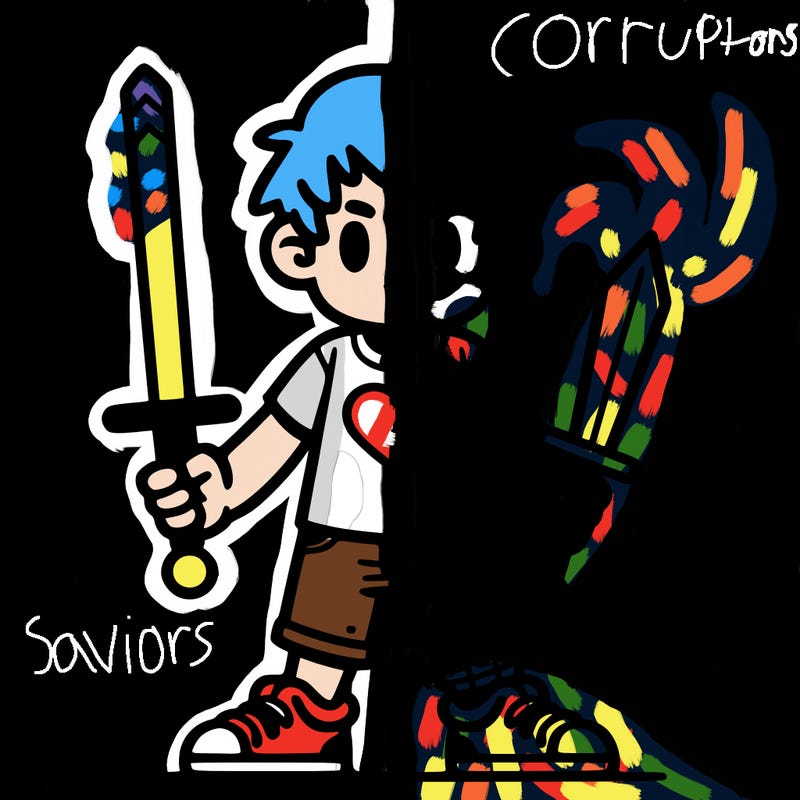 a boy with a sword and a 🚫 sign on his t shirt split