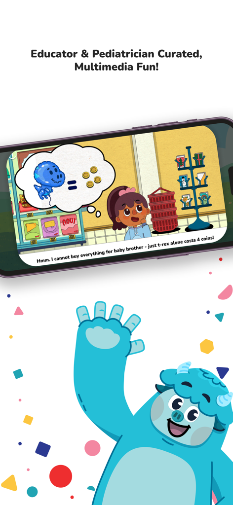 Yeti Confetti Kids - A smartphone displaying a math lesson from the Yeti Confetti Kids app alongside a friendly blue yeti character.