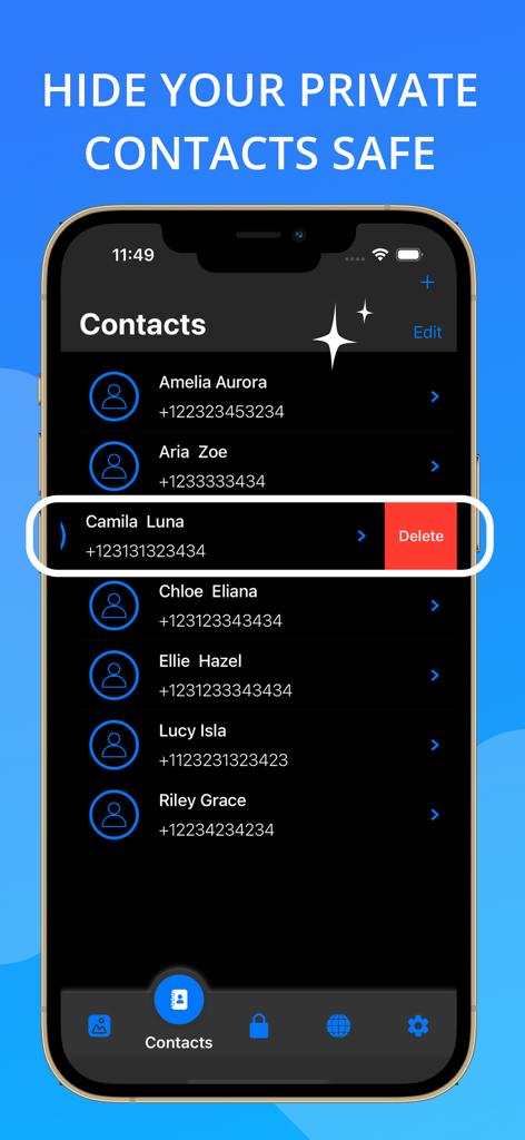 Smartphone screen showing the private contacts management feature in the Safe Private Vault app
