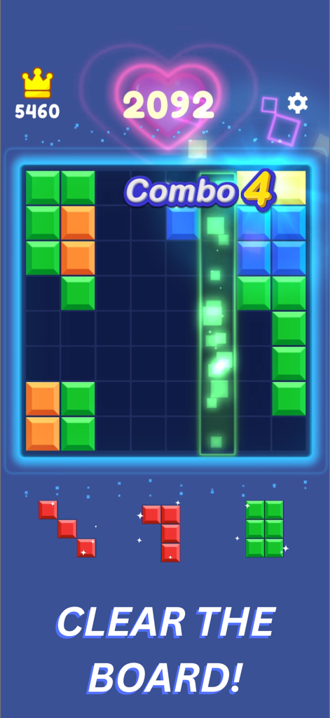 Block Puzzle Fun Game - Una cuadrícula colorida de 8x8 en el Juego Divertido de Bloques mostrando un Combo 4 y bloques siendo eliminados del tablero.