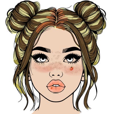realistic girl with two buns on her hair and lips