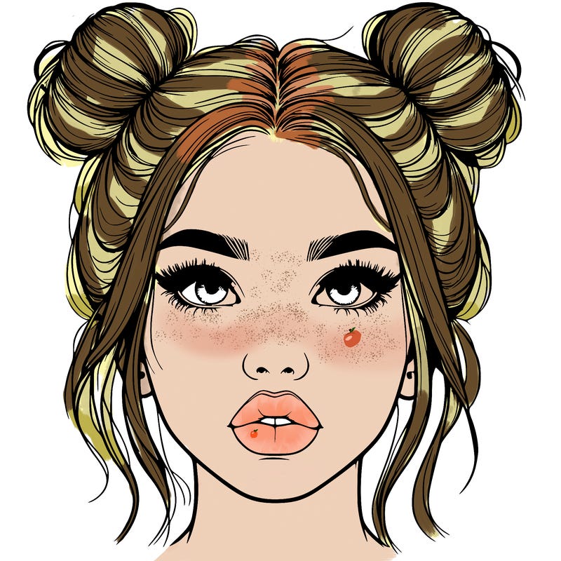 realistic girl with two buns on her hair and lips