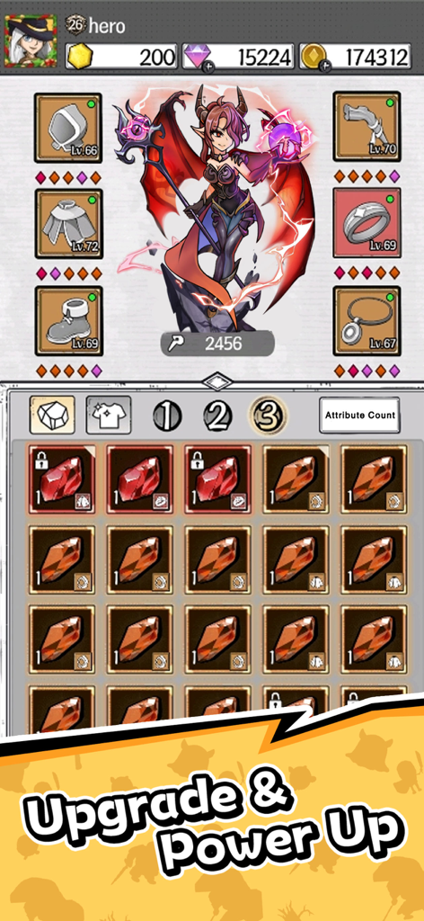 Doodle Magic: Wizard vs Slime - Wizard character screen showing equipped gear and gem inventory for power up