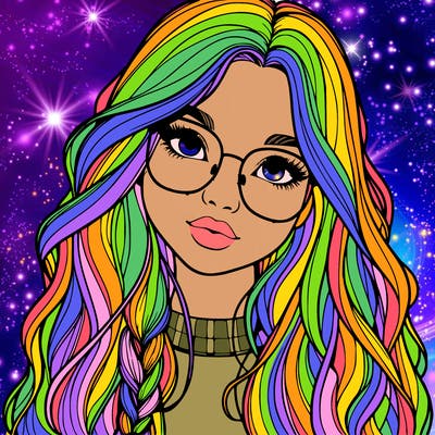 girl with long hair and freckles and glasses realistic