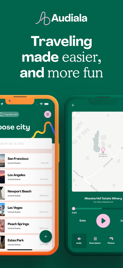 Audiala: Universal Tour Guide - Écrans de l'application Audiala montrant une liste de sélection de villes et un lecteur audio interactif avec carte