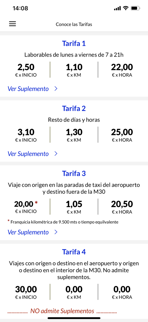 마드리드 여행자를 위해 TxMad 앱에 표시된 공식 택시 요금 및 요금 구조.