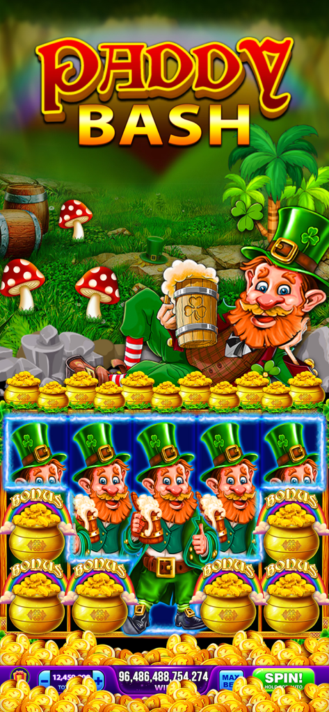 Gold Rich Casino - Vegas Slots - Máquina tragaperras temática irlandesa Paddy Bash con duendes y ollas de monedas de oro