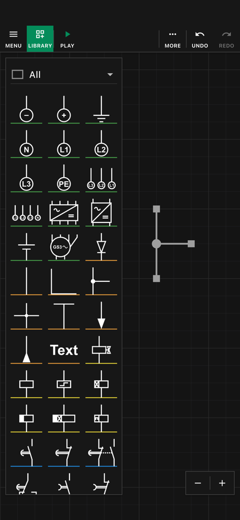 Simurelay - Simurelay app interface showing a library of electrical symbols and a grid-based circuit design workspace.