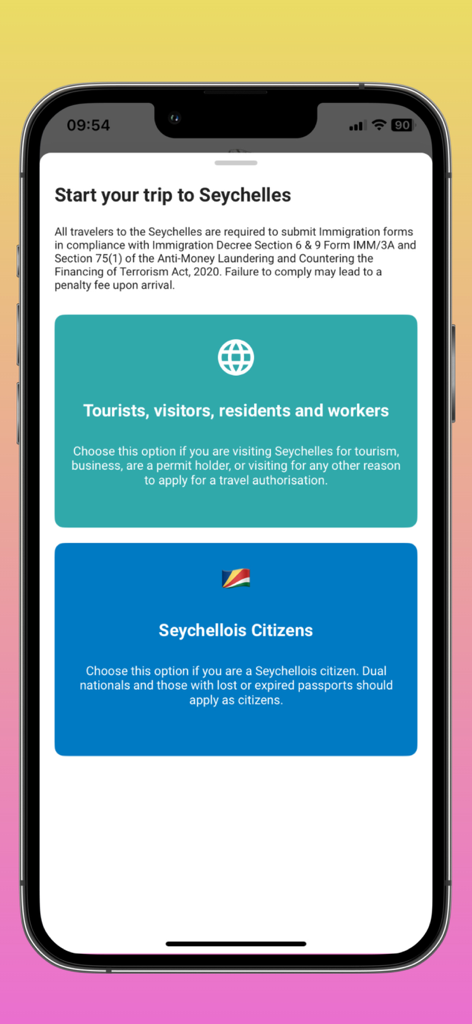 Seychelles E-Border app interface showing the initial screen to select visitor or citizen status for travel authorization.