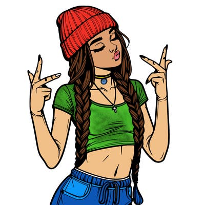 realistic teenage girl with braids and a beanie and crop top doing 🫶🏼