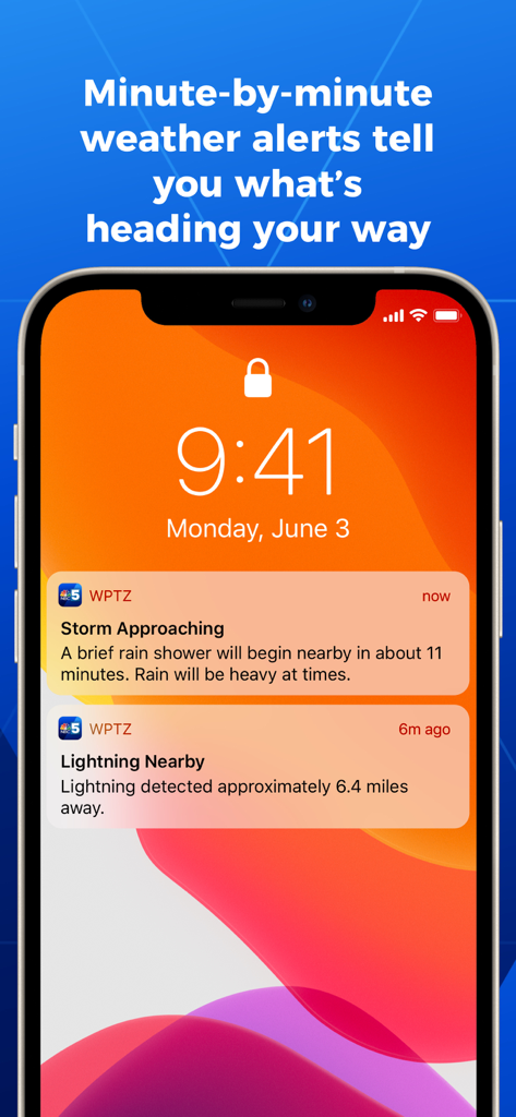 Smartphone lock screen showing MyNBC5 WPTZ weather alert notifications for storms and lightning.