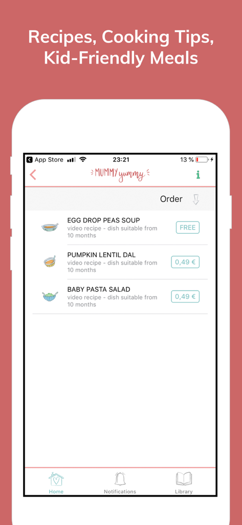 Interface of Mummy Yummy app showing a list of baby food video recipes including Egg Drop Peas Soup and Baby Pasta Salad