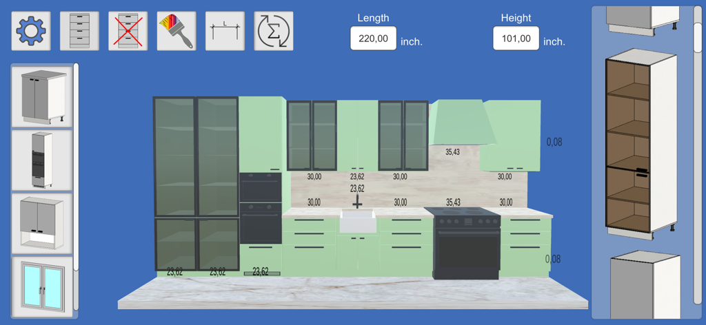 Interface of Kitchen Editor Line app showing a 3D straight line kitchen design with dimensions in inches