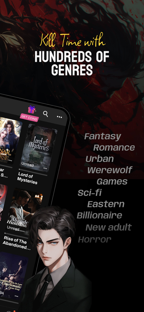 NovaBeats-AudioBooks&Series - NovaBeats app interface listing popular story genres like romance and billionaire.
