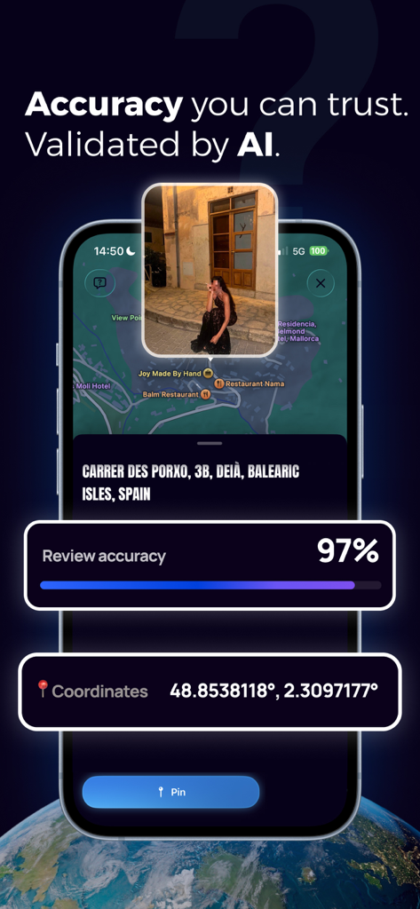 GeoFindr AI : Locate any photo - Un smartphone mostrando la aplicación GeoFindr AI identificando la ubicación de una foto en España con un 97 por ciento de precisión y coordenadas GPS exactas.