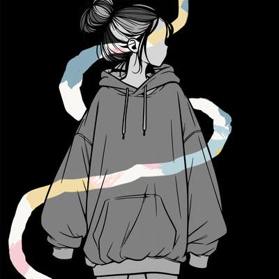 realistic girl with a oversized sweatshirt on and a bun