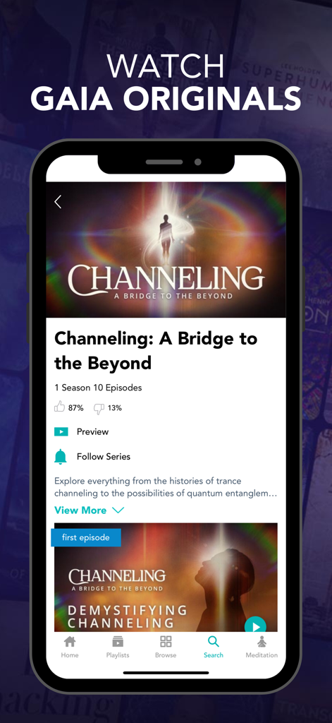 Gaia: Streaming Consciousness - Mobile screen showing the Gaia original series Channeling A Bridge to the Beyond with episode details and navigation.