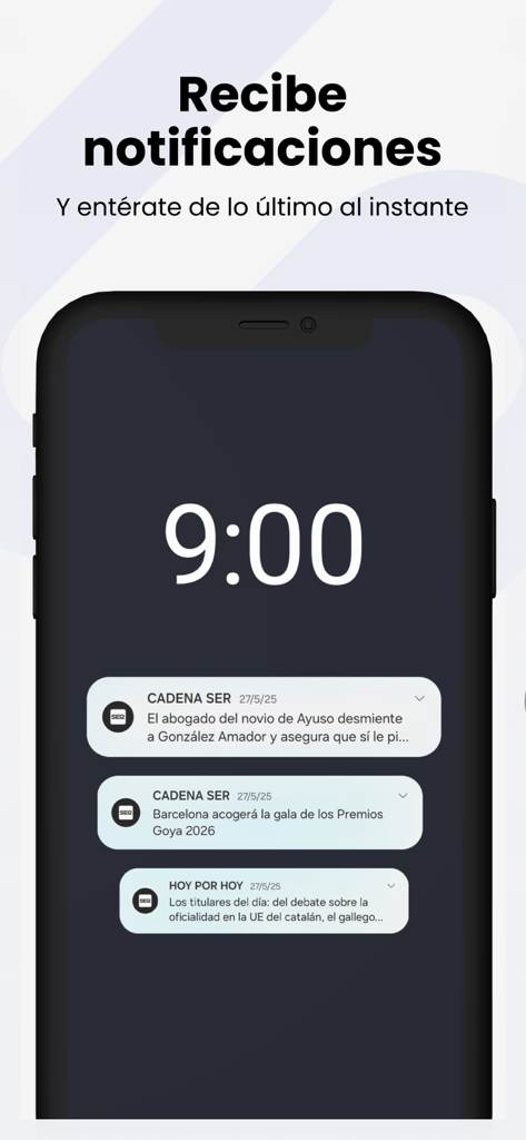 A smartphone screen showing news notifications from the Cadena SER radio app.