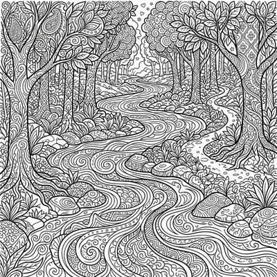 Journey into a captivating forest scene where a serene river gently winds through lush trees and intricate rock formations. This stunning Zentangle design offers a unique and detailed coloring experience for nature lovers.