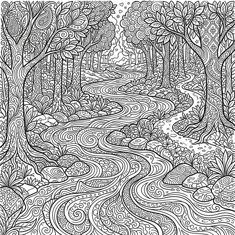 Journey into a captivating forest scene where a serene river gently winds through lush trees and intricate rock formations. This stunning Zentangle design offers a unique and detailed coloring experience for nature lovers.