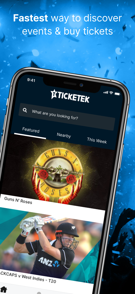 Ticketek NZ mobile app home screen showing featured concerts and sports events with a search bar for event discovery.