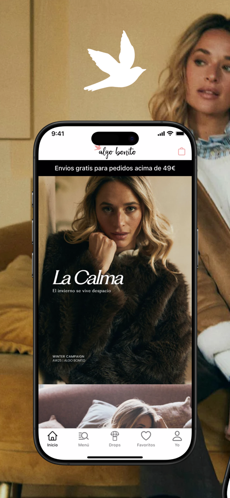 Algo bonito mobile app home screen showing the La Calma winter collection with a woman wearing a textured coat