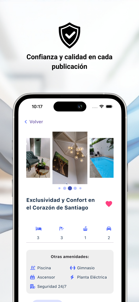 Toca Timbre - Mobile app screen showing a luxury real estate listing in Santiago with home photos and property amenities