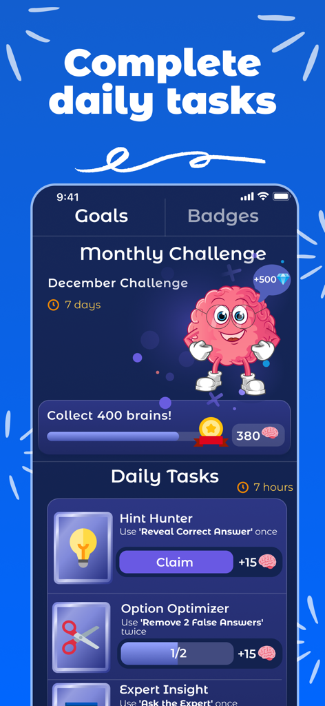 Quizy - General Knowledge Quiz - Pantalla de la aplicación Quizy que muestra tareas diarias, desafíos mensuales y recompensas con una mascota cerebral