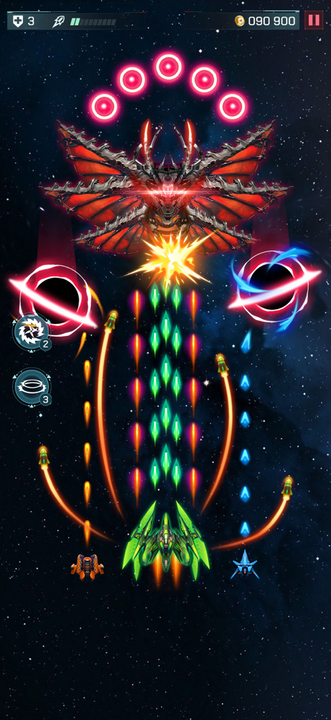 Universe Invader 2: Alien War - Space shooter gameplay featuring a green ship attacking a massive red alien boss