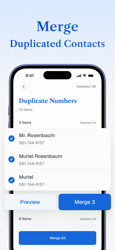 True Cleaner - Cleanup Storage - Interface de l'application True Cleaner affichant une liste de contacts en double avec une option de fusion