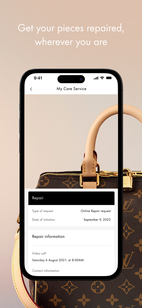 Louis Vuitton - Interfaz de Servicio Mi Cuidado de la aplicación Louis Vuitton para solicitudes de reparación de productos de lujo