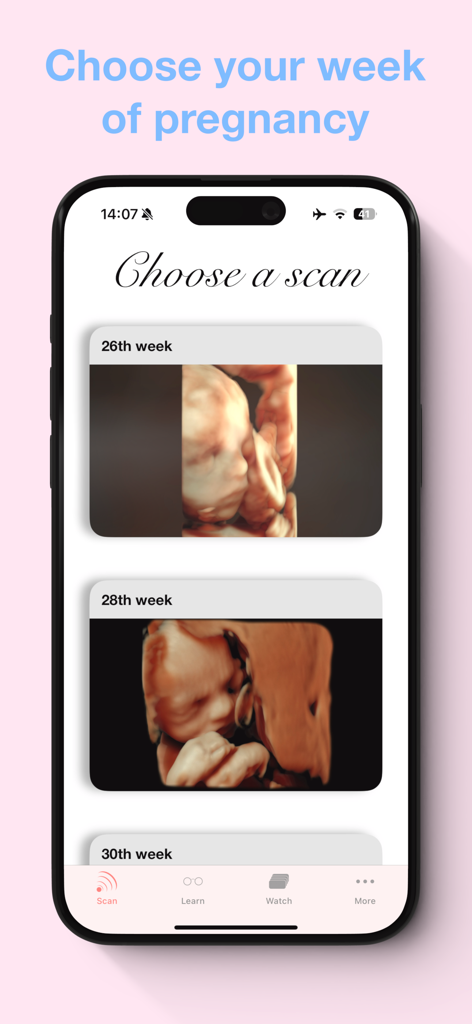 Mobile screen showing a selection of 3D baby ultrasound scans organized by pregnancy week