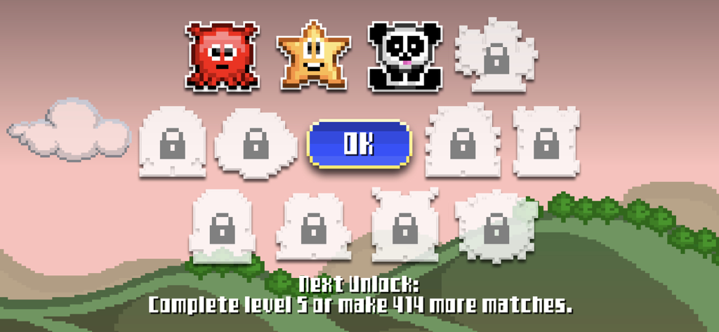 Critter Panic! - クリッターパニックのキャラクター選択画面。ピクセルアートの生き物のアイコンとロックされた進行スロットが表示されている。