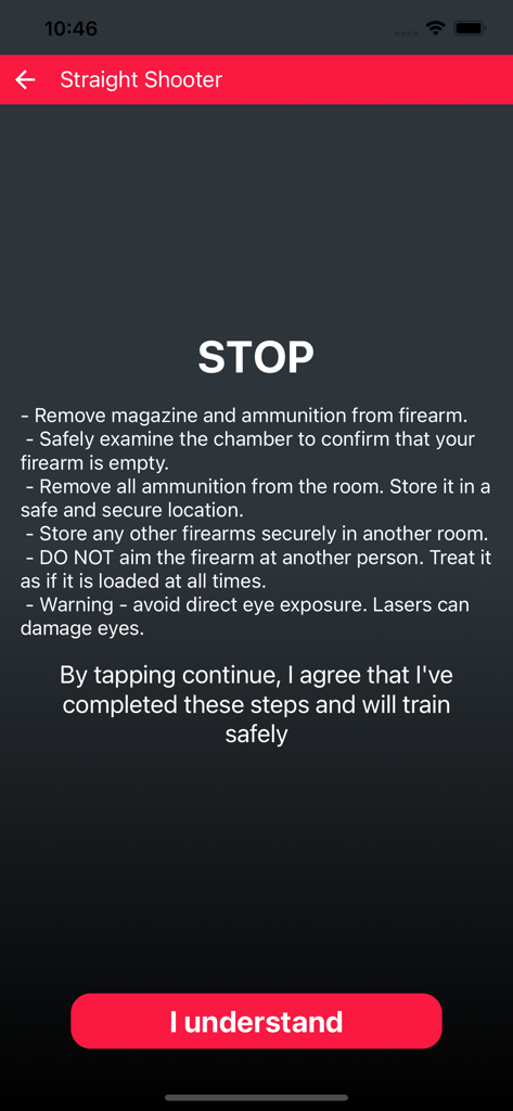 Straight Shooter app safety warning and firearm handling guidelines screen