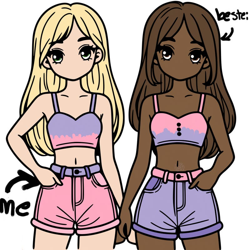 two sisters with crop tops and jean shorts and straight hair