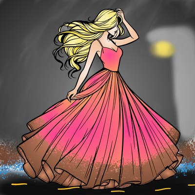 realistic woman with dress flowing in the wind