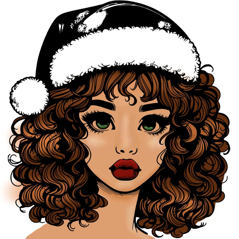 realistic girl with a santa hat curly hair and lips