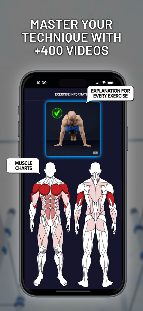Cali Move Workouts - Cali Move app screen showing exercise technique video and muscle charts for target muscle identification