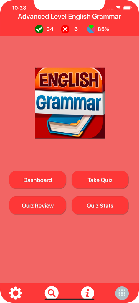 Advanced English Grammar - Main menu of the Advanced English Grammar app showing quiz statistics and study options.