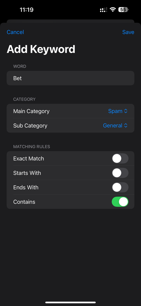 SMS Cleaner+ - Schermata 'Aggiungi parola chiave' in SMS Cleaner plus per il filtraggio SMS personalizzato.
