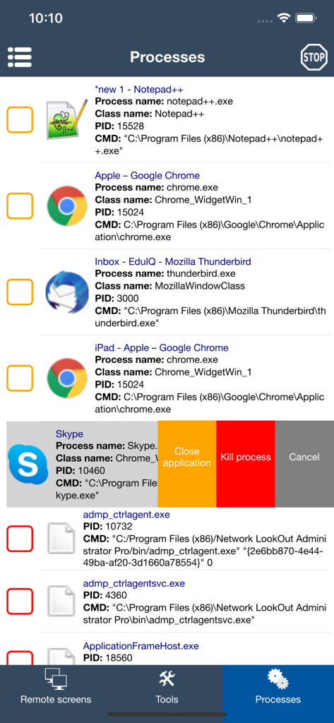 Classroom Spy - Interface of the Classroom Spy app showing a list of active computer processes with options to close or kill applications remotely