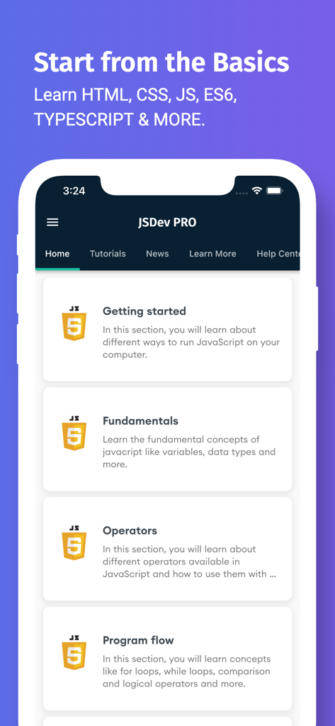 Interface of the Learn JavaScript Development app showing coding tutorials from basics to advanced topics