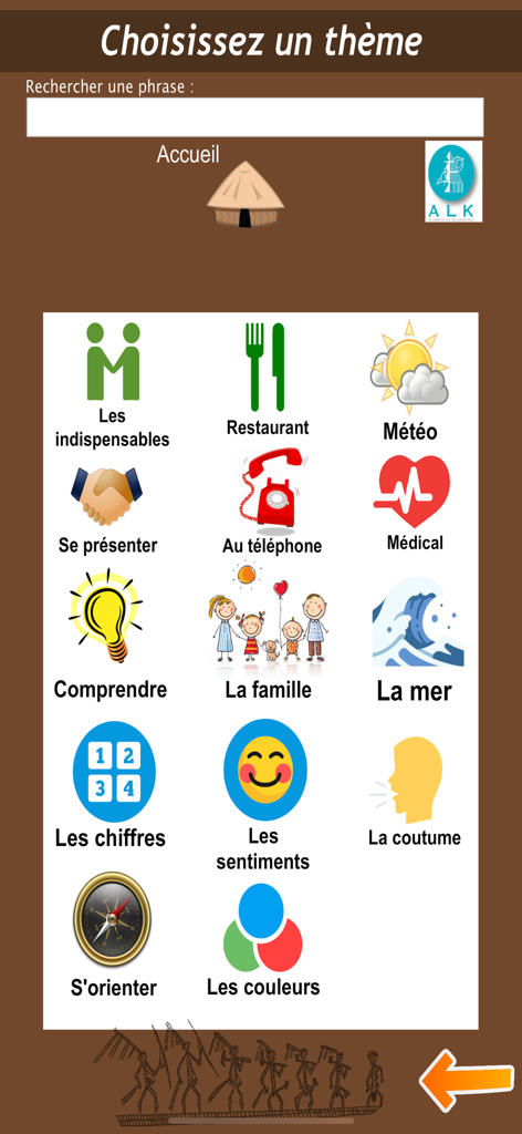 Interface of the Traducteur ALK app displaying various translation categories like restaurant medical and family with colorful icons